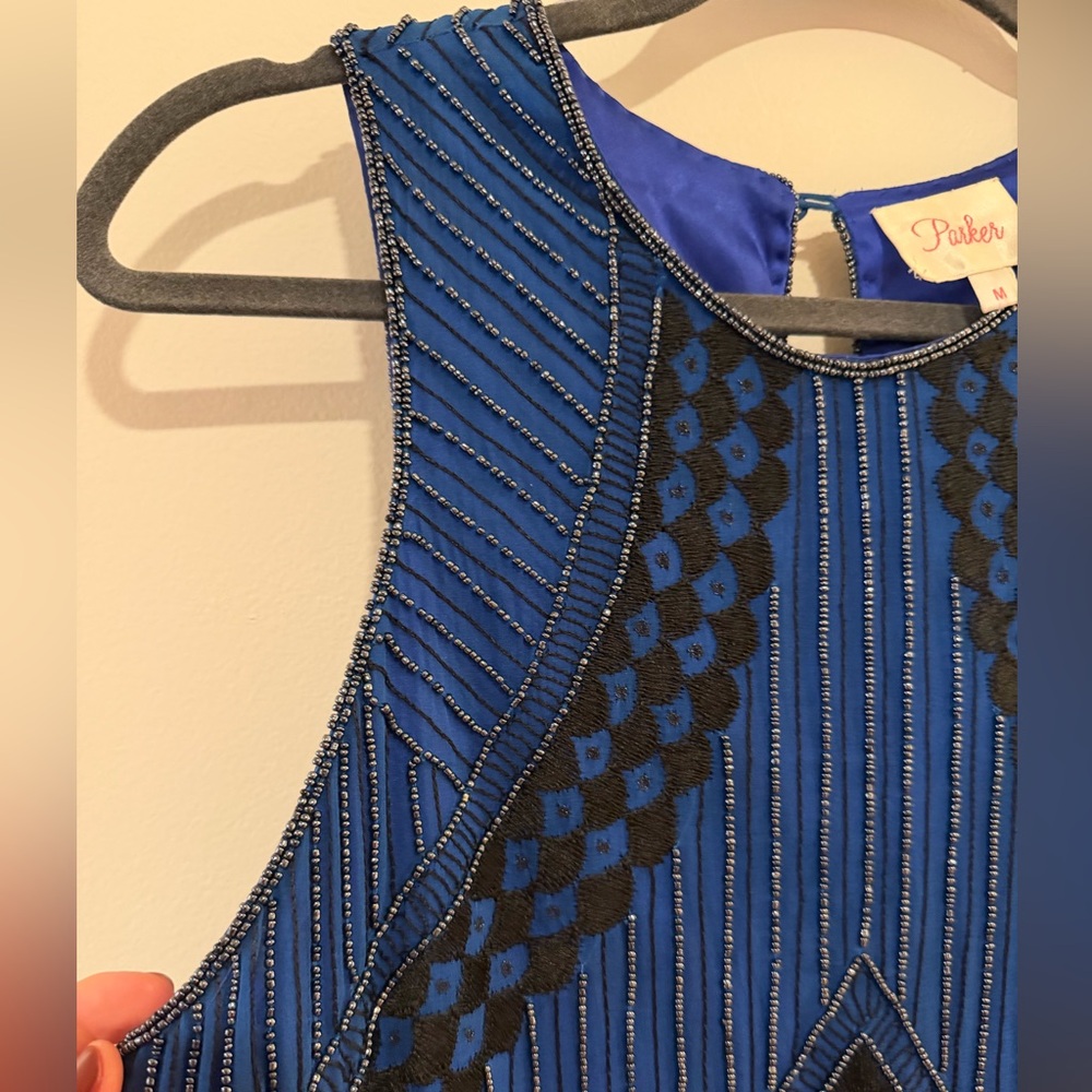 *STUNNING* Parker Royal Blue and Black Beaded Art Deco Cocktail Dress - Picture 2 of 8